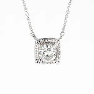 0.80 CTW DEW Round Moissanite Cushion Bead Halo Necklace in Sterling Silver