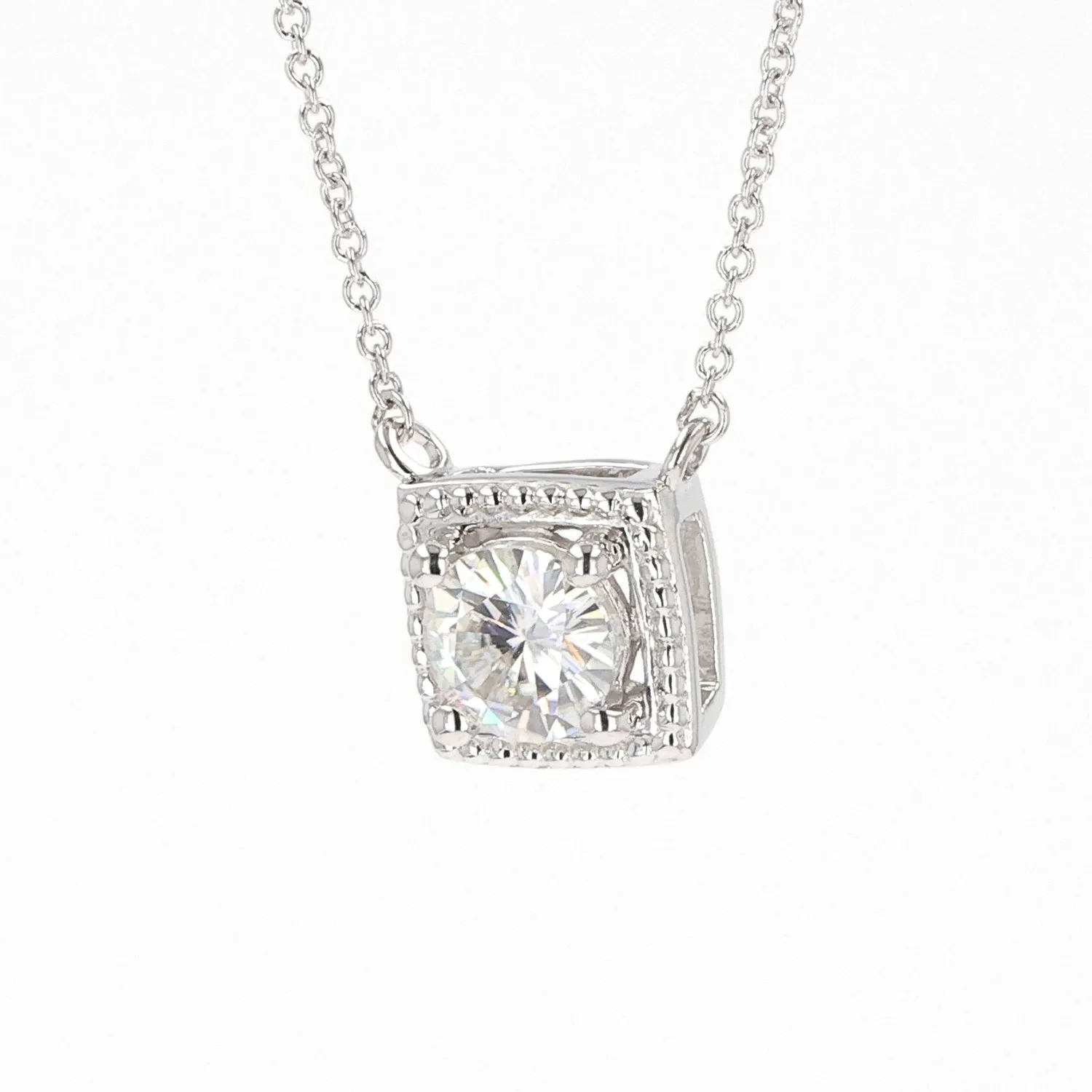 0.80 CTW DEW Round Moissanite Cushion Bead Halo Necklace in Sterling Silver
