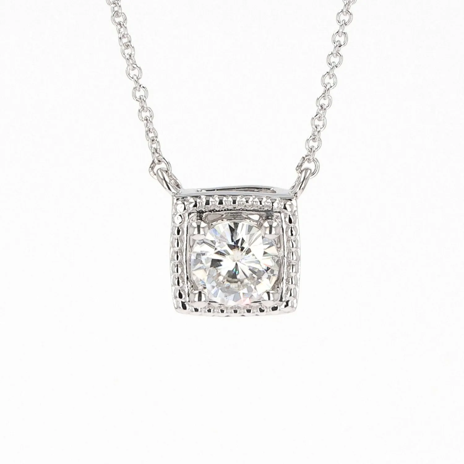 0.80 CTW DEW Round Moissanite Cushion Bead Halo Necklace in Sterling Silver