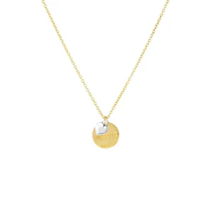14K Two Tone Gold Polished Mom Disc Pendant Necklace