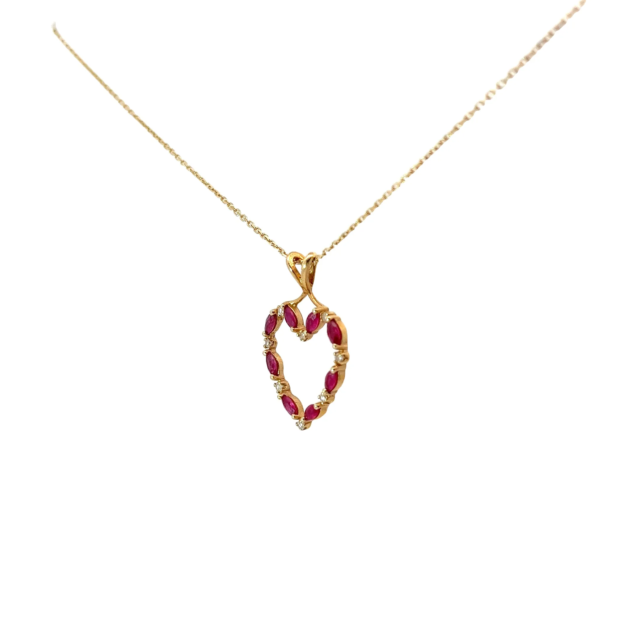 14k Yellow Gold .85ct Marquise Shape Ruby and .15ct G SI1  Round Diamond Heart Necklace