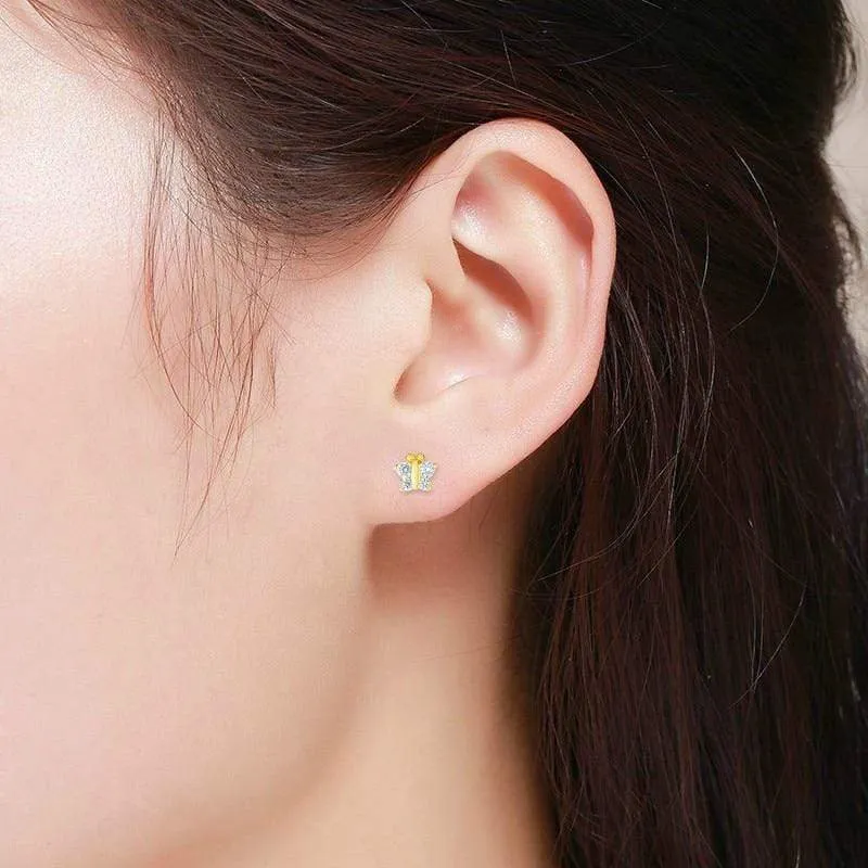 14K Yellow Gold Cubic Zirconia Butterfly Childrens Stud Earrings