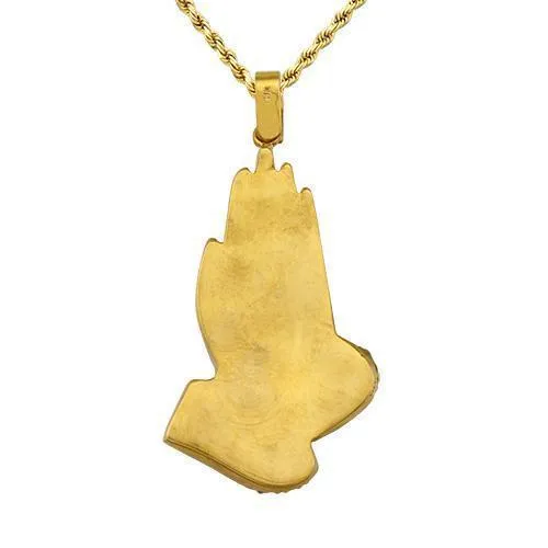 14k Yellow Gold Diamond Praying Hands Pendant 4 Ctw