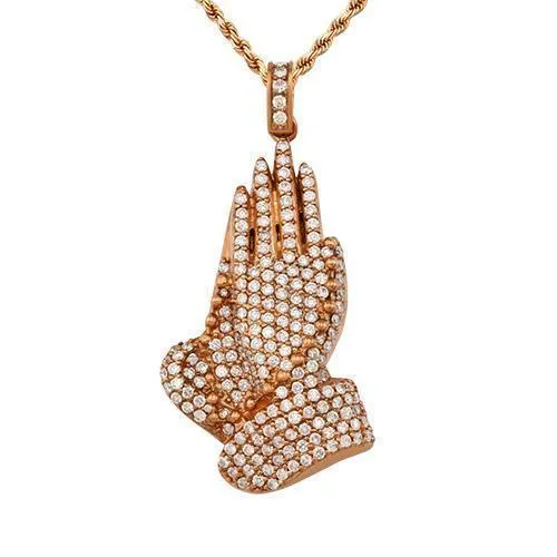 14k Yellow Gold Diamond Praying Hands Pendant 4 Ctw