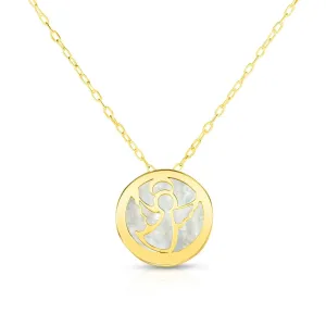 14K Yellow Gold Mother of Pearl Angel Disc Pendant Necklace