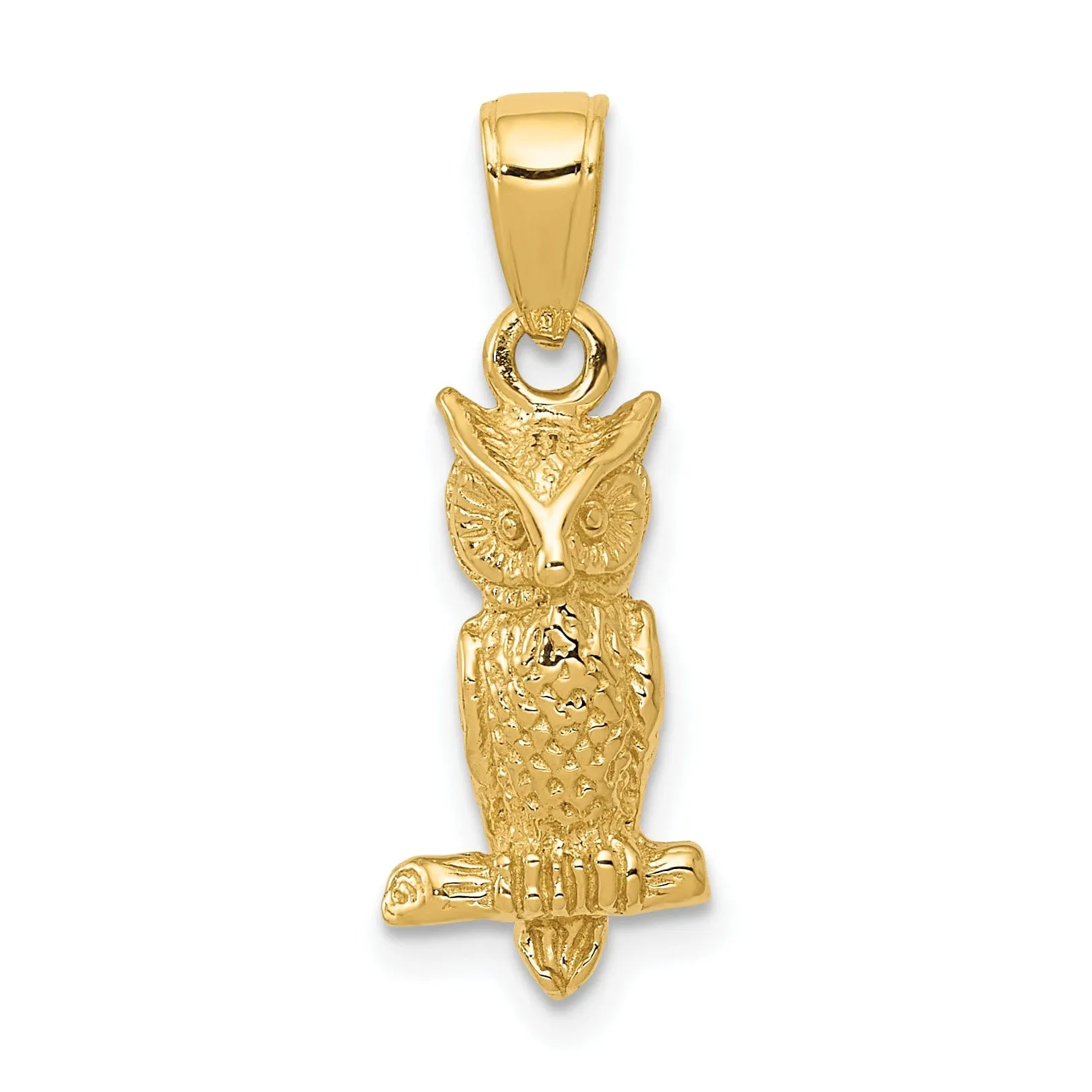 14K Yellow Gold Solid Textured Polished Finish 3-Dimensional Owl Charm Pendant