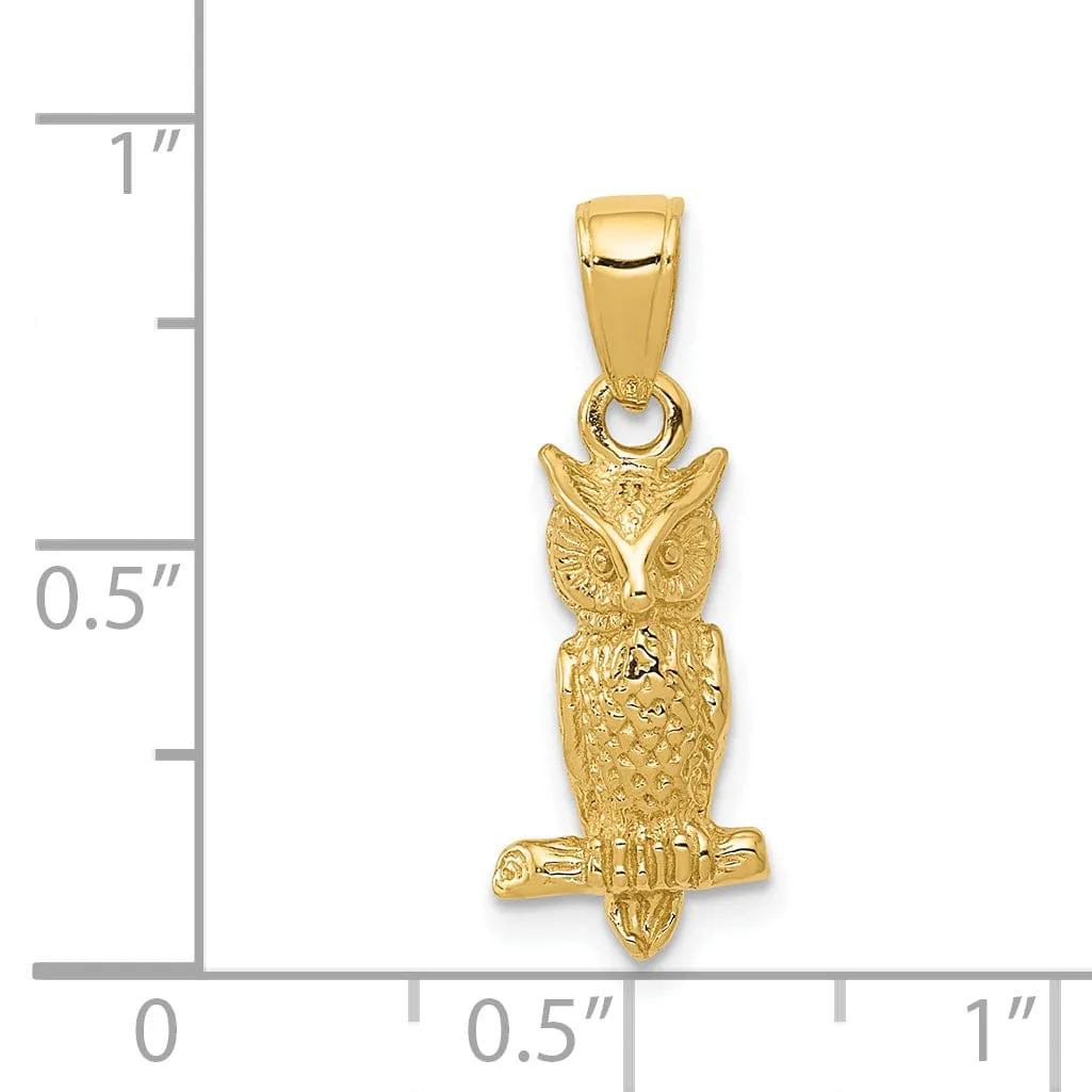14K Yellow Gold Solid Textured Polished Finish 3-Dimensional Owl Charm Pendant
