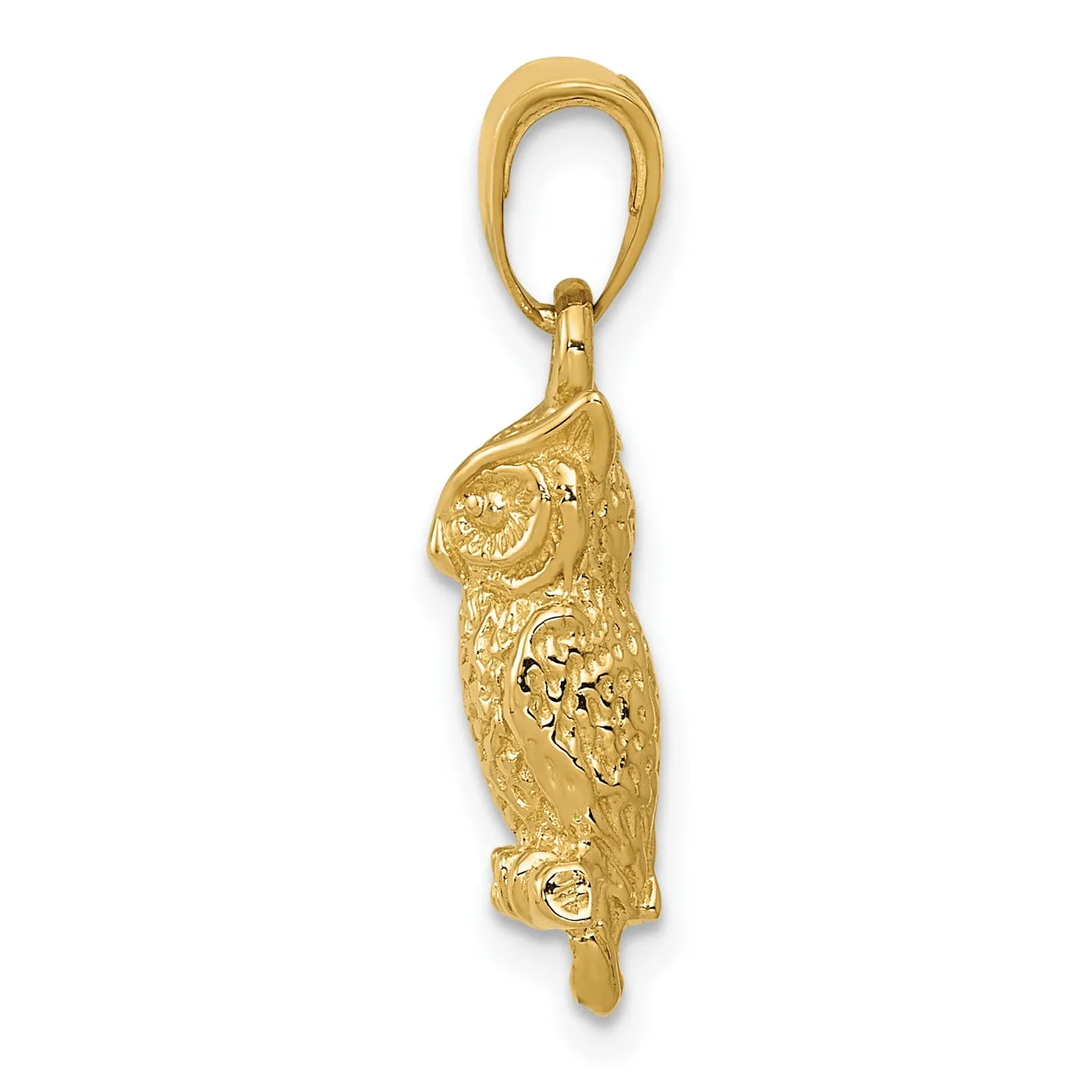 14K Yellow Gold Solid Textured Polished Finish 3-Dimensional Owl Charm Pendant