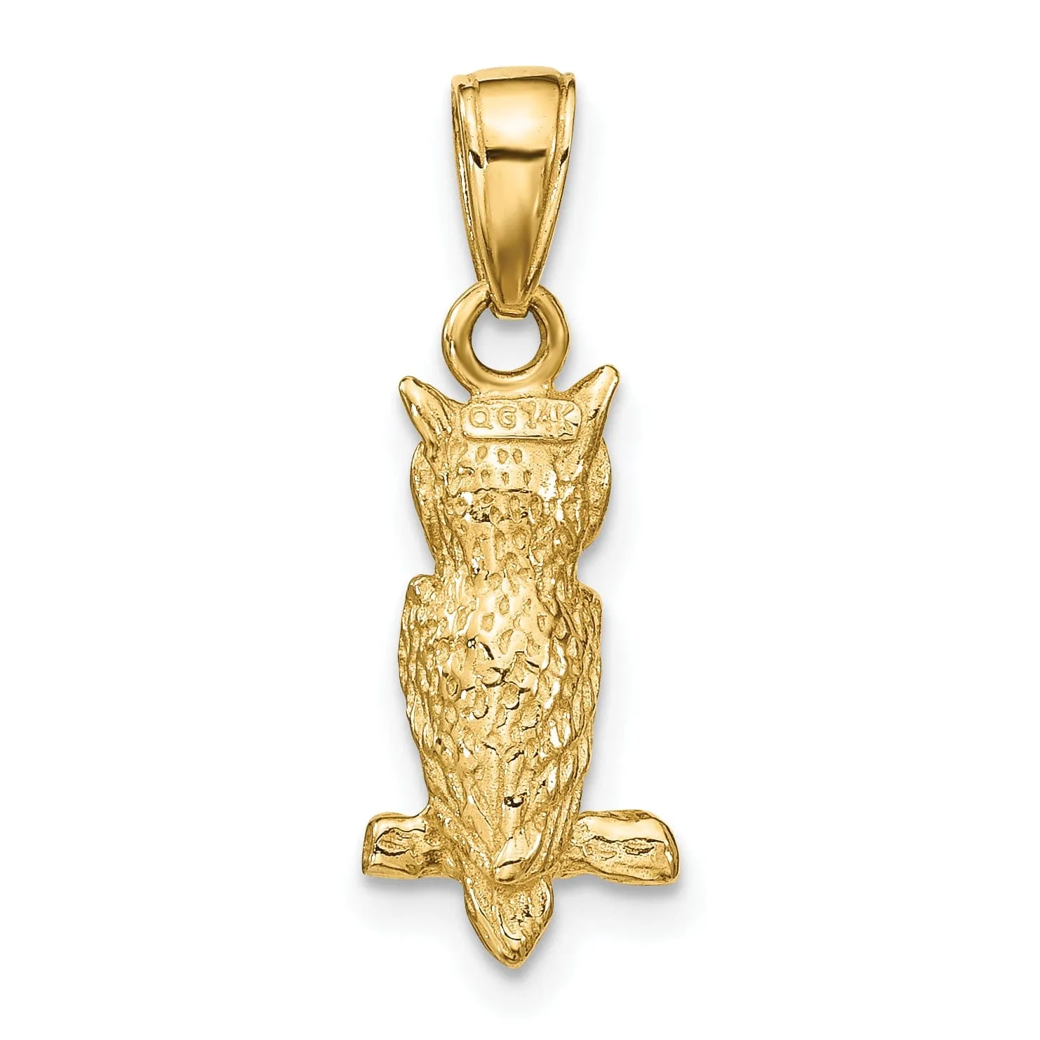 14K Yellow Gold Solid Textured Polished Finish 3-Dimensional Owl Charm Pendant