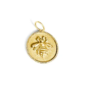 14KT Gold Diamond Bee Disk Pendant Charm