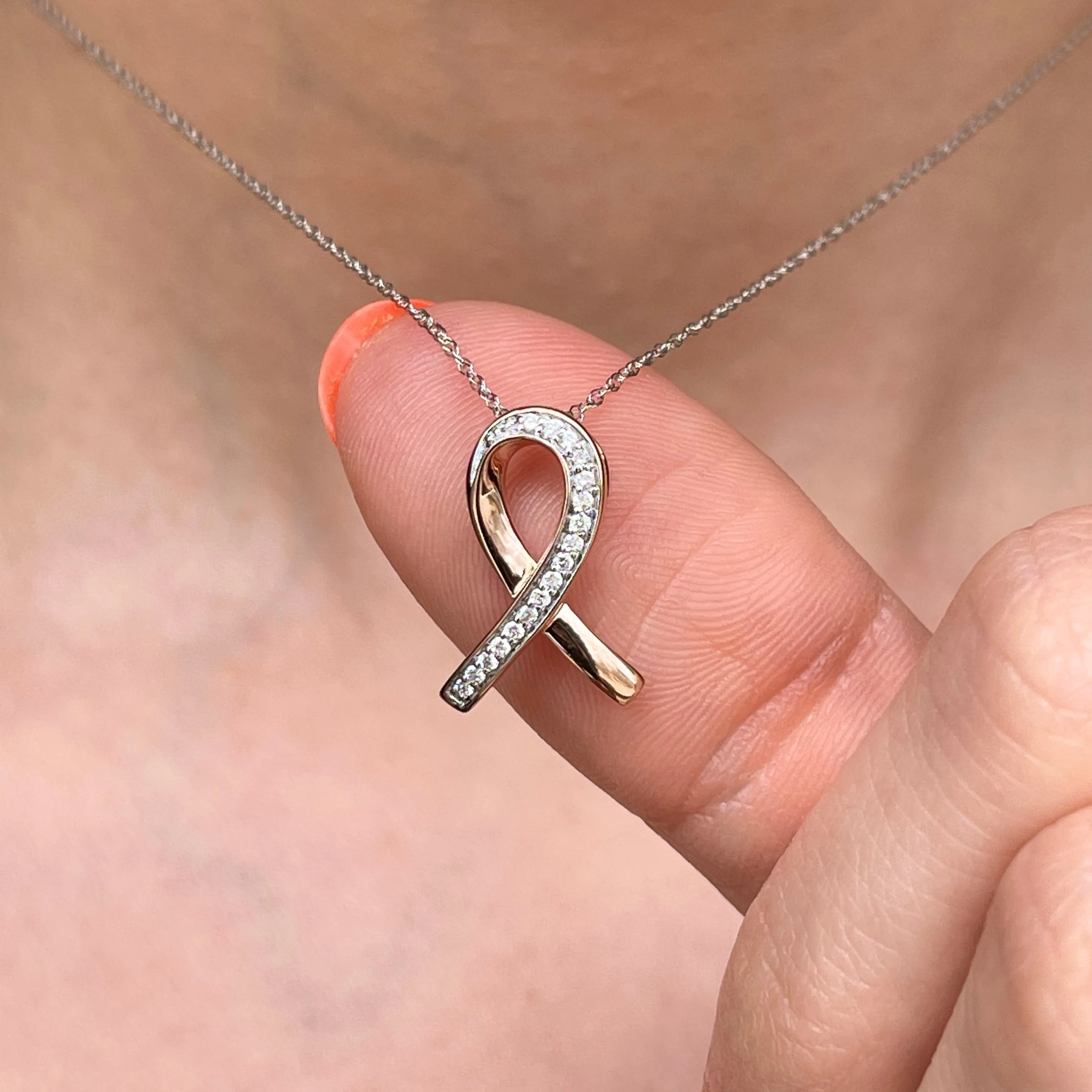 14KT Rose Gold Diamond Breast Cancer Awareness Ribbon Pendant Slide