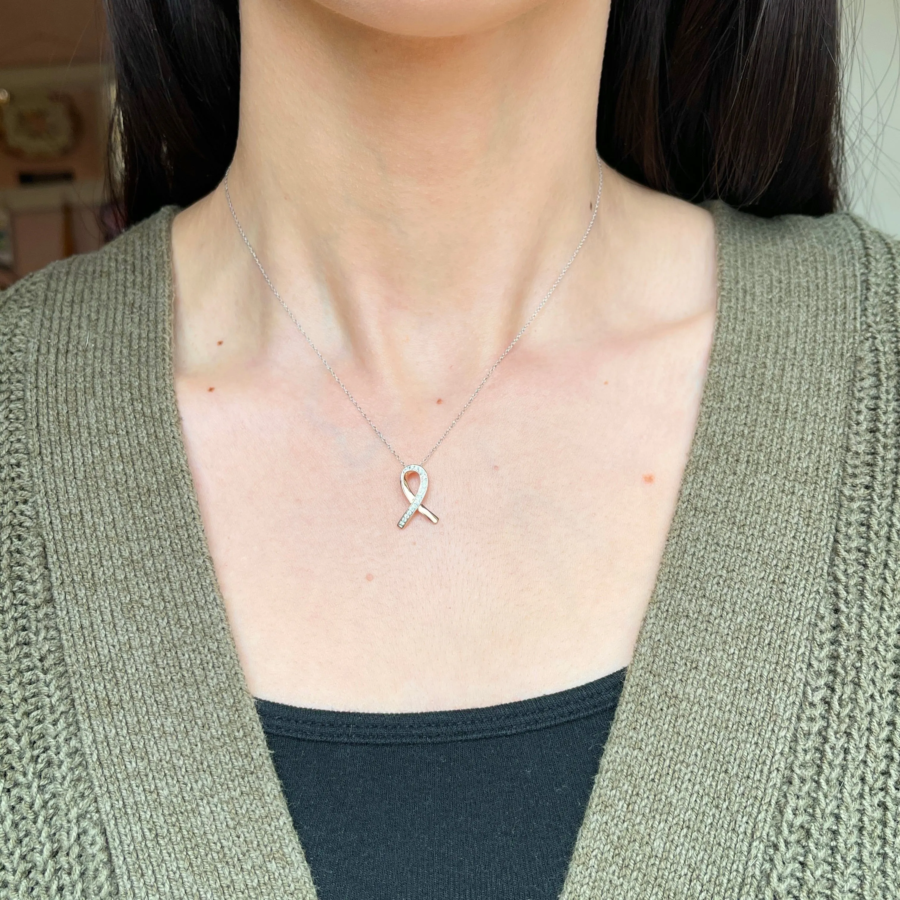 14KT Rose Gold Diamond Breast Cancer Awareness Ribbon Pendant Slide