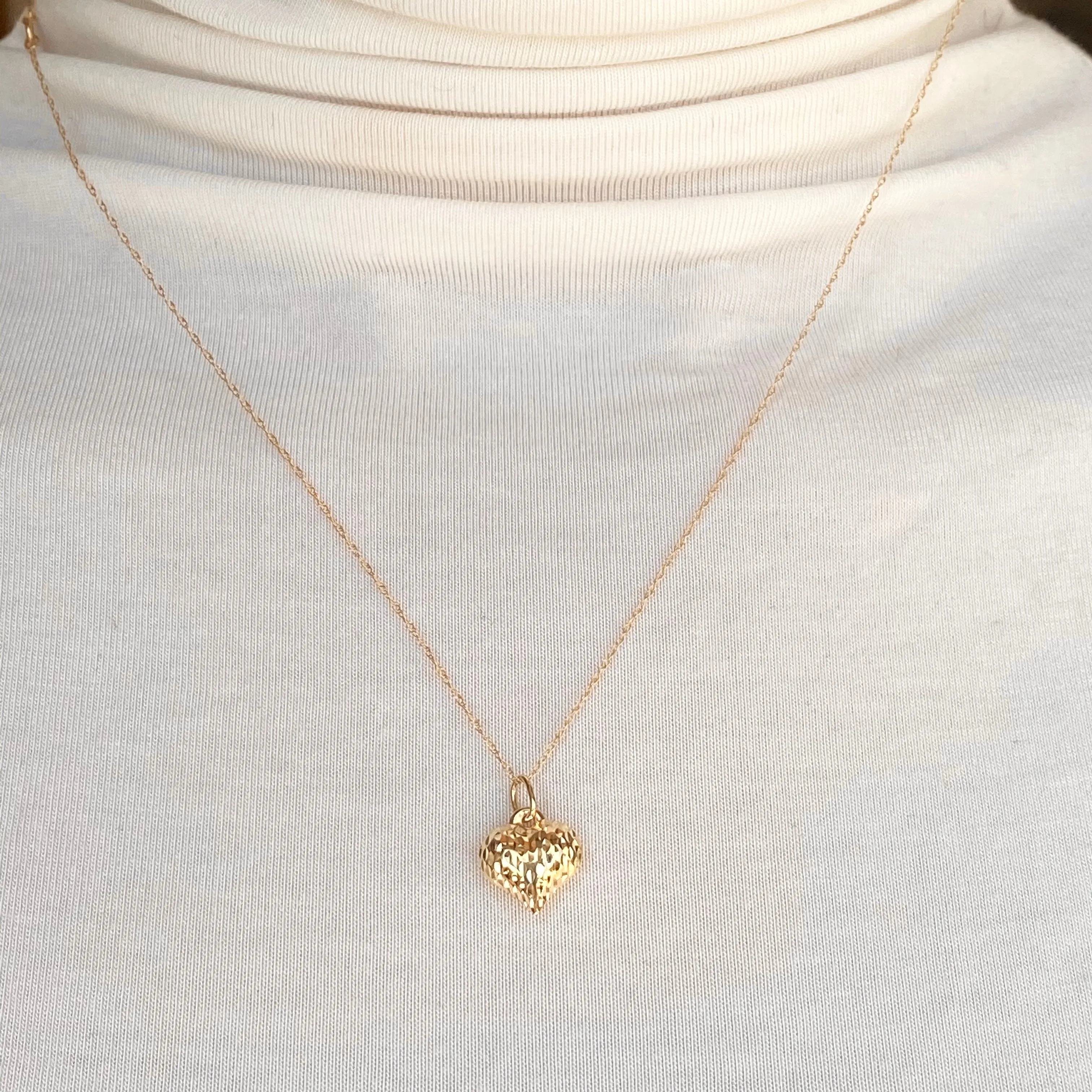 14KT Yellow Gold Diamond-Cut 3D Heart Pendant Chain Necklace