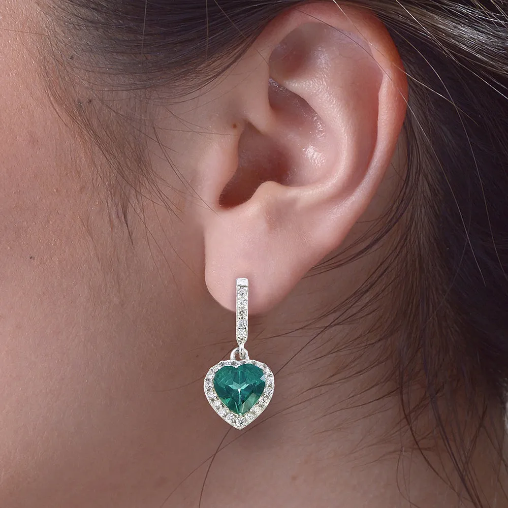1.80 cttw Green Topaz Dangle Earrings .925 Sterling Silver Rhodium 7 MM Heart Shape