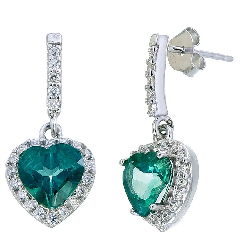1.80 cttw Green Topaz Dangle Earrings .925 Sterling Silver Rhodium 7 MM Heart Shape