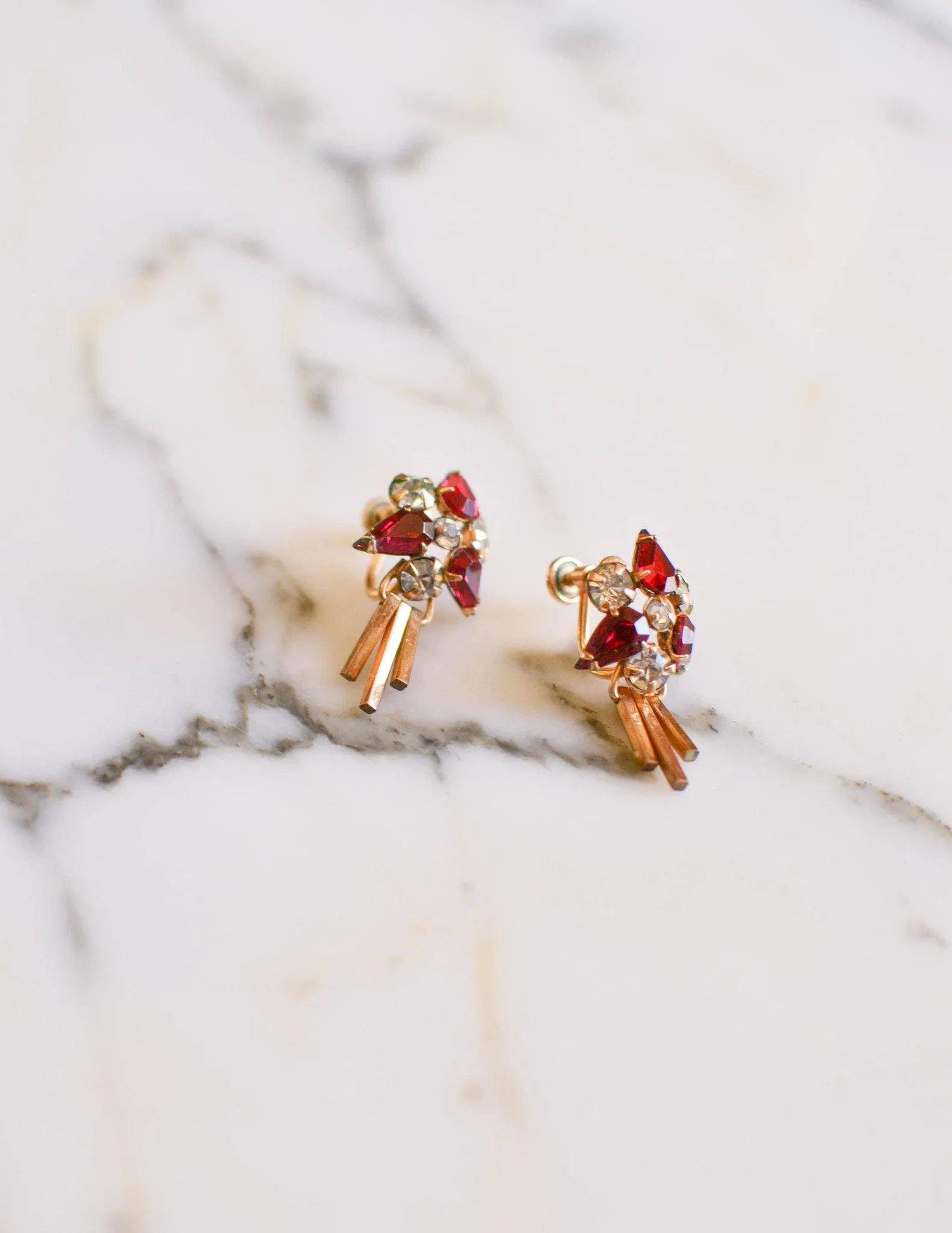 1940s Art Deco Diamante and Garnet Crystal Drop Earrings