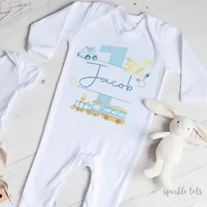 1st Birthday Sleepsuit – Personalised Baby Boy Train Design