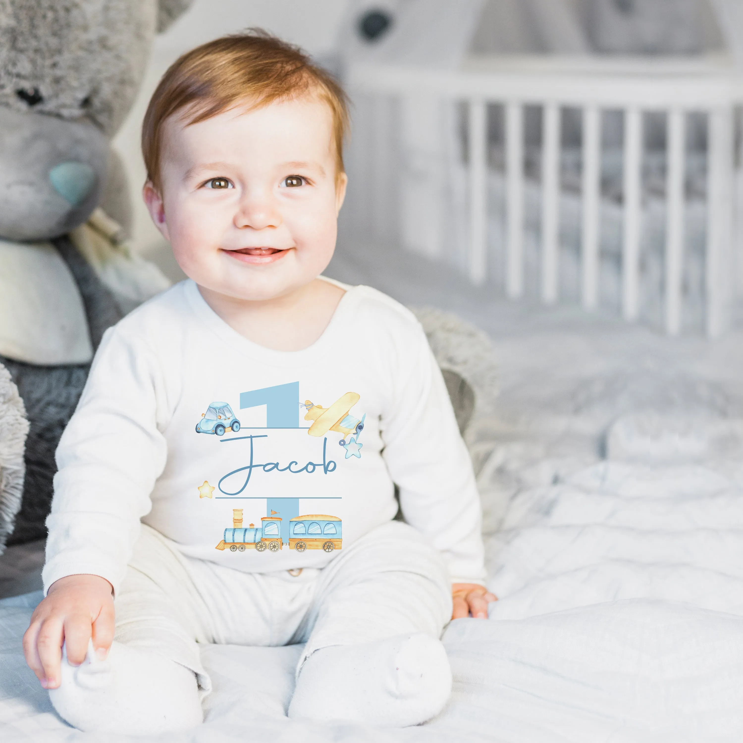 1st Birthday Sleepsuit – Personalised Baby Boy Train Design