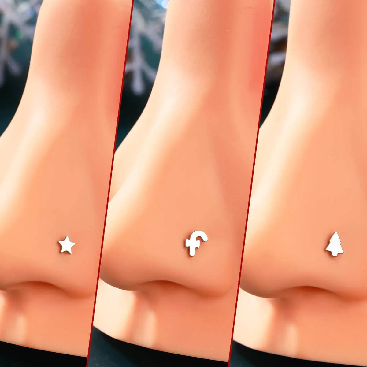 20G 3PCS L-Shaped Candy Cane/ChristmasTree/Star Nostril Studs Set