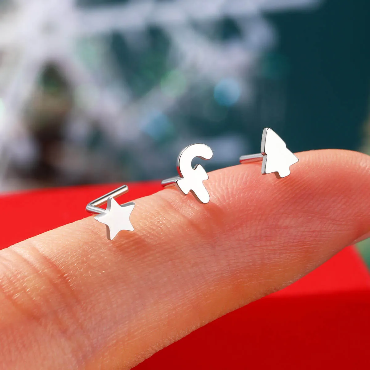 20G 3PCS L-Shaped Candy Cane/ChristmasTree/Star Nostril Studs Set