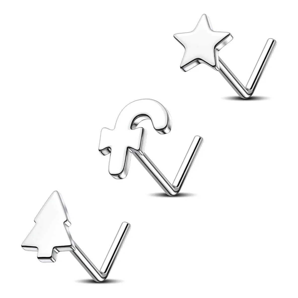 20G 3PCS L-Shaped Candy Cane/ChristmasTree/Star Nostril Studs Set