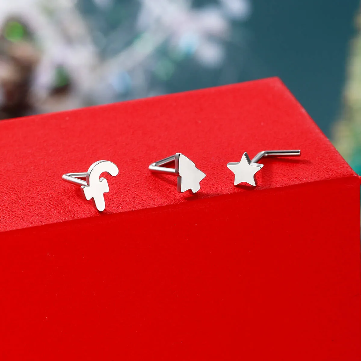 20G 3PCS L-Shaped Candy Cane/ChristmasTree/Star Nostril Studs Set
