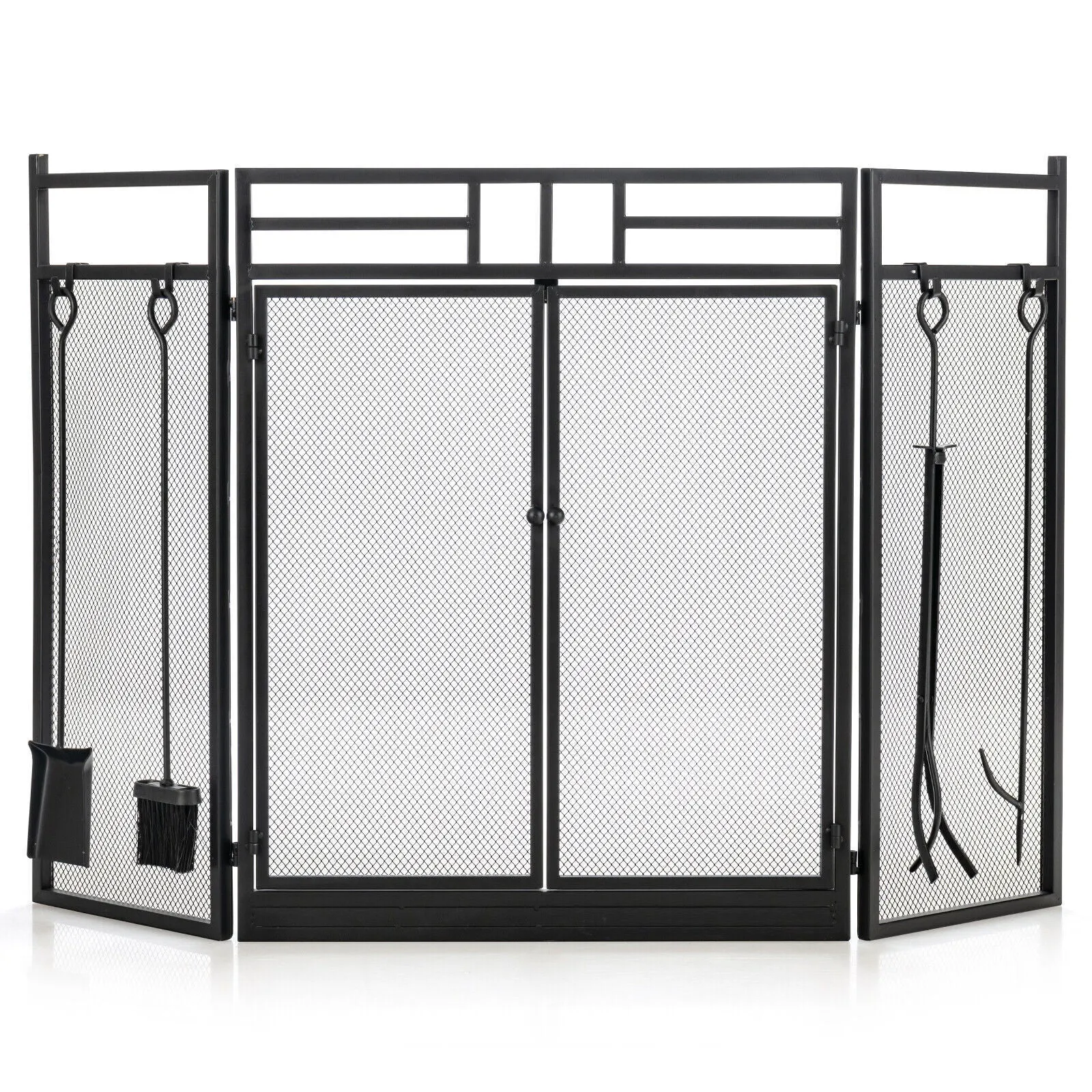 3-Panel Folding Wrought Iron Fireplace Screen with Doors and 4 Pieces Tools Set-