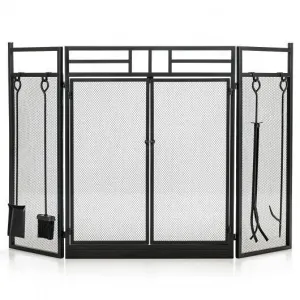 3-Panel Folding Wrought Iron Fireplace Screen with Doors and 4 Pieces Tools Set-