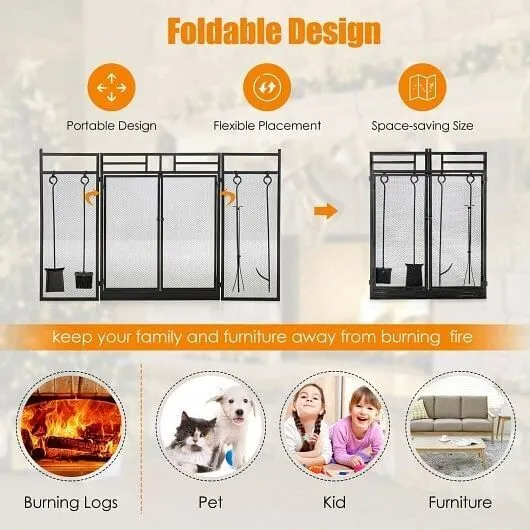 3-Panel Folding Wrought Iron Fireplace Screen with Doors and 4 Pieces Tools Set-