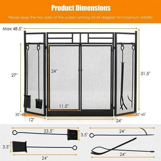 3-Panel Folding Wrought Iron Fireplace Screen with Doors and 4 Pieces Tools Set-