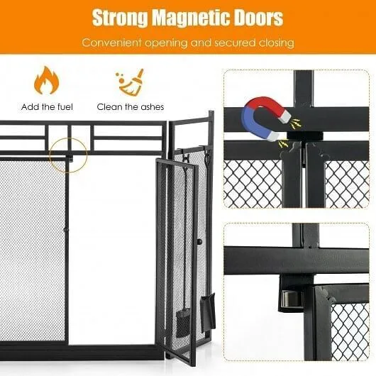 3-Panel Folding Wrought Iron Fireplace Screen with Doors and 4 Pieces Tools Set-