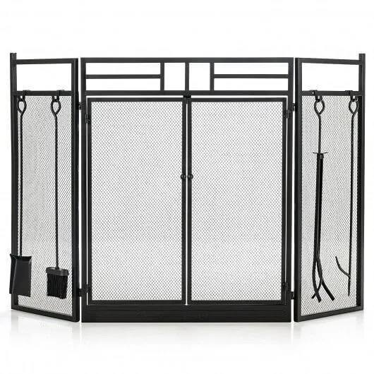 3-Panel Folding Wrought Iron Fireplace Screen with Doors and 4 Pieces Tools Set-