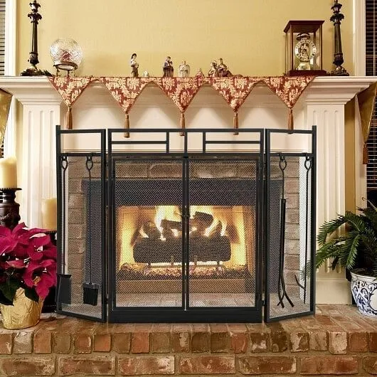 3-Panel Folding Wrought Iron Fireplace Screen with Doors and 4 Pieces Tools Set-