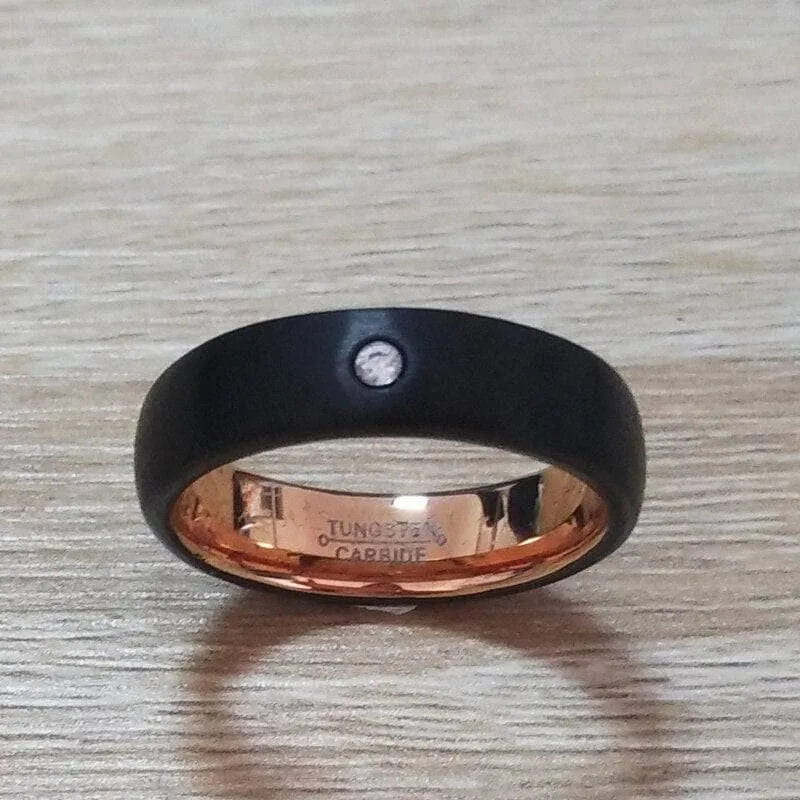 6mm Created Diamond Black with Rose Gold Tungsten Wedding Band