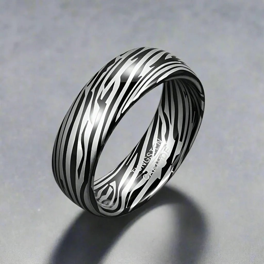 8mm Dome Zebra Pattern Tungsten Carbide Men's Ring