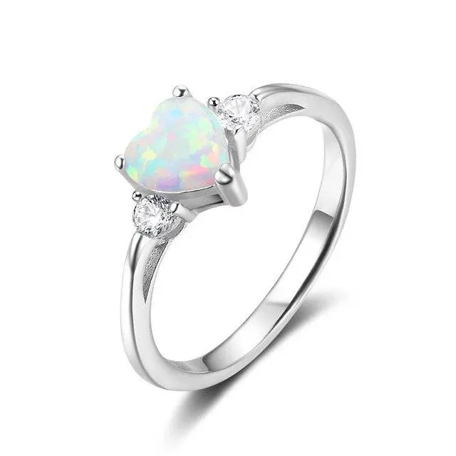 925 Sterling Silver Romantic Wedding Rings for Women – Pink/Blue/White Heart-Shaped Fire Opal – Trendy CZ Jewelry