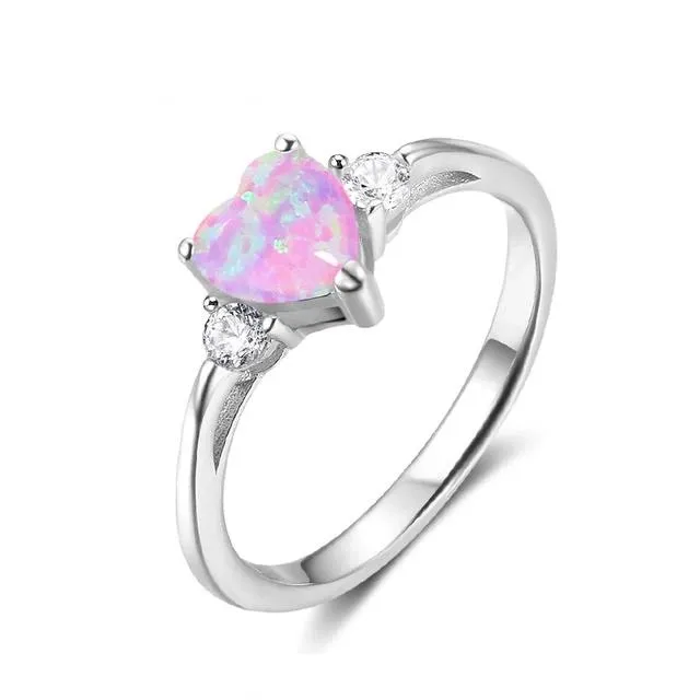 925 Sterling Silver Romantic Wedding Rings for Women – Pink/Blue/White Heart-Shaped Fire Opal – Trendy CZ Jewelry