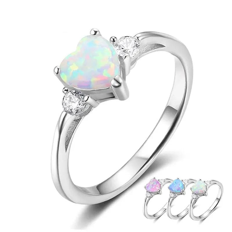 925 Sterling Silver Romantic Wedding Rings for Women – Pink/Blue/White Heart-Shaped Fire Opal – Trendy CZ Jewelry