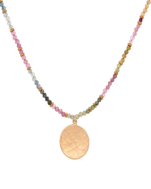 ANNE SPORTUN | Wrap Gemstone Large Hammered Disc Necklace | Watermelon Tourmaline