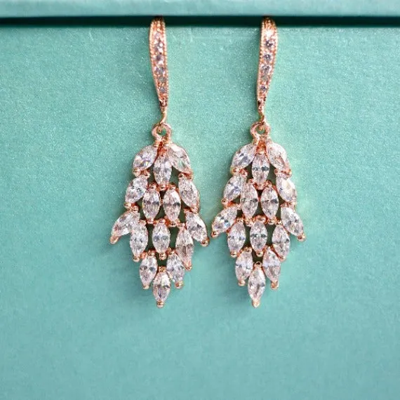 Art Deco Rose Gold Cubic Zirconia Leaf Teardrop Dangle Wedding Earrings. Rose Gold Crystal Bridal Earrings. CZ Leaf Filigree Bridal Earrings