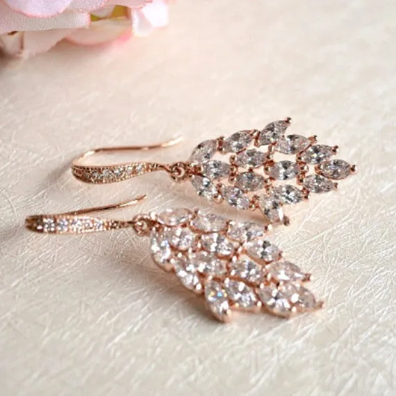 Art Deco Rose Gold Cubic Zirconia Leaf Teardrop Dangle Wedding Earrings. Rose Gold Crystal Bridal Earrings. CZ Leaf Filigree Bridal Earrings