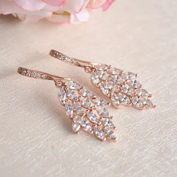 Art Deco Rose Gold Cubic Zirconia Leaf Teardrop Dangle Wedding Earrings. Rose Gold Crystal Bridal Earrings. CZ Leaf Filigree Bridal Earrings