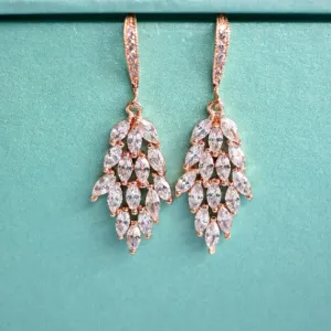 Art Deco Rose Gold Cubic Zirconia Leaf Teardrop Dangle Wedding Earrings. Rose Gold Crystal Bridal Earrings. CZ Leaf Filigree Bridal Earrings