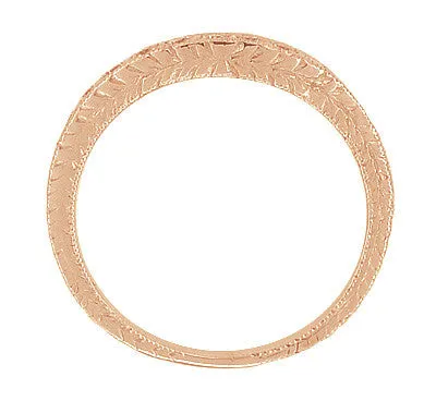 Art Deco White Sapphire Engraved Curved Wheat Engraved Wedding Band in 14 Karat Rose ( Pink ) Gold