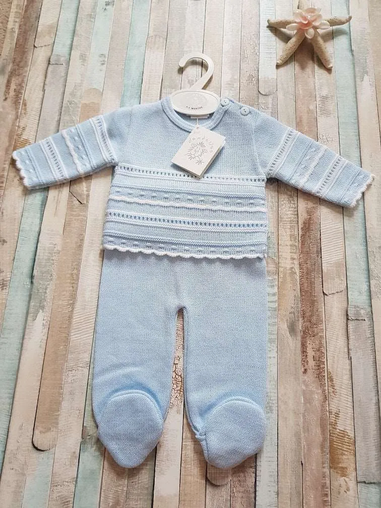 Baby Boys Blue & White Knitted Pointelle Two Piece Set