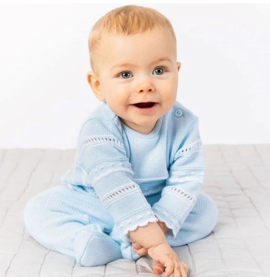 Baby Boys Blue & White Knitted Pointelle Two Piece Set