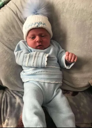Baby Boys Blue & White Knitted Pointelle Two Piece Set