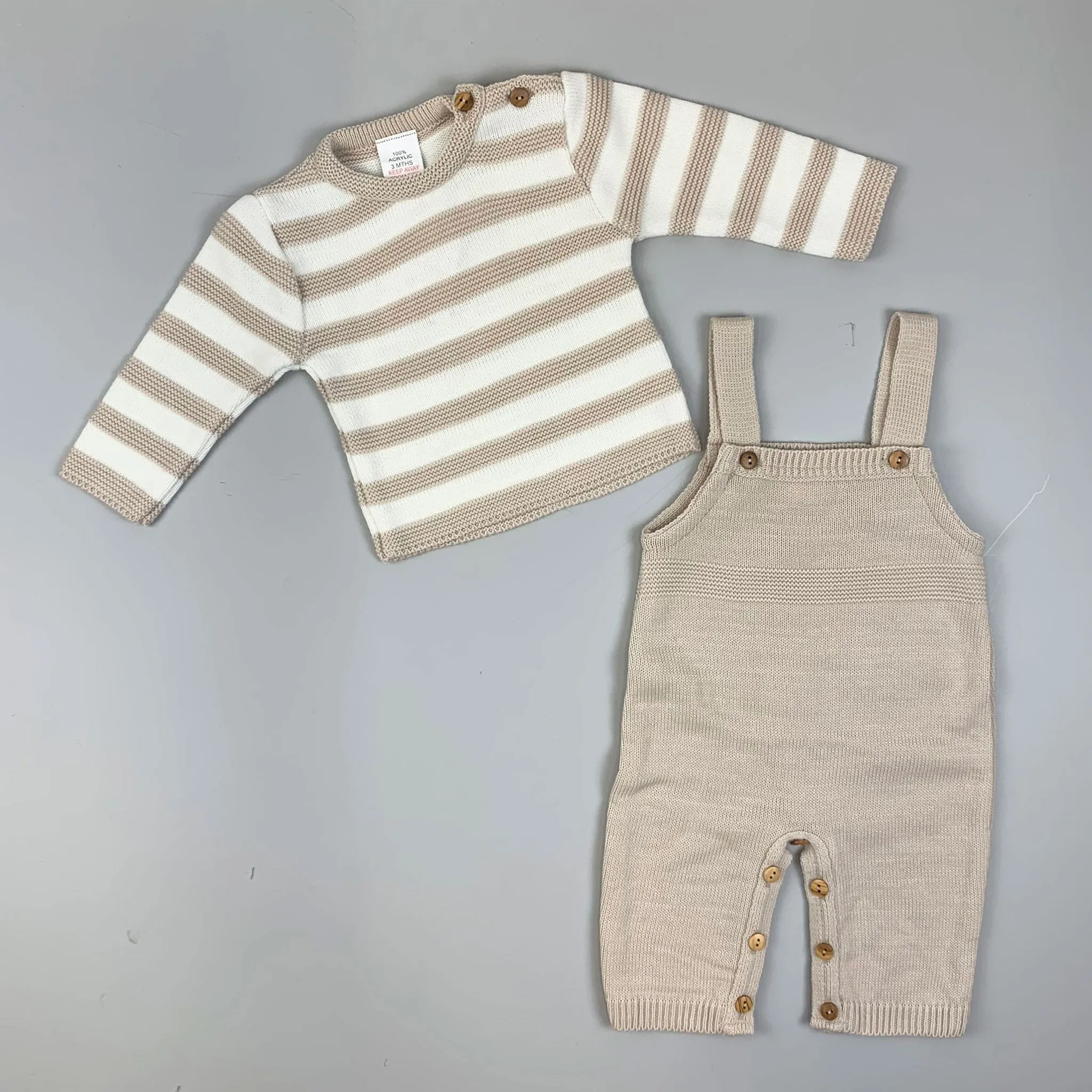 Baby Dungarees & Knitted Top - Unisex -Beige