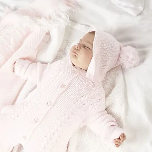 Baby Girls Pink Cable Knit hooded Pramsuit