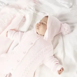 Baby Girls Pink Cable Knit hooded Pramsuit